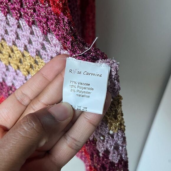 Rose Carmine Metallic Red Crochet Knit Colorblock Open Cardigan Sweater One Size - Picture 7 of 8